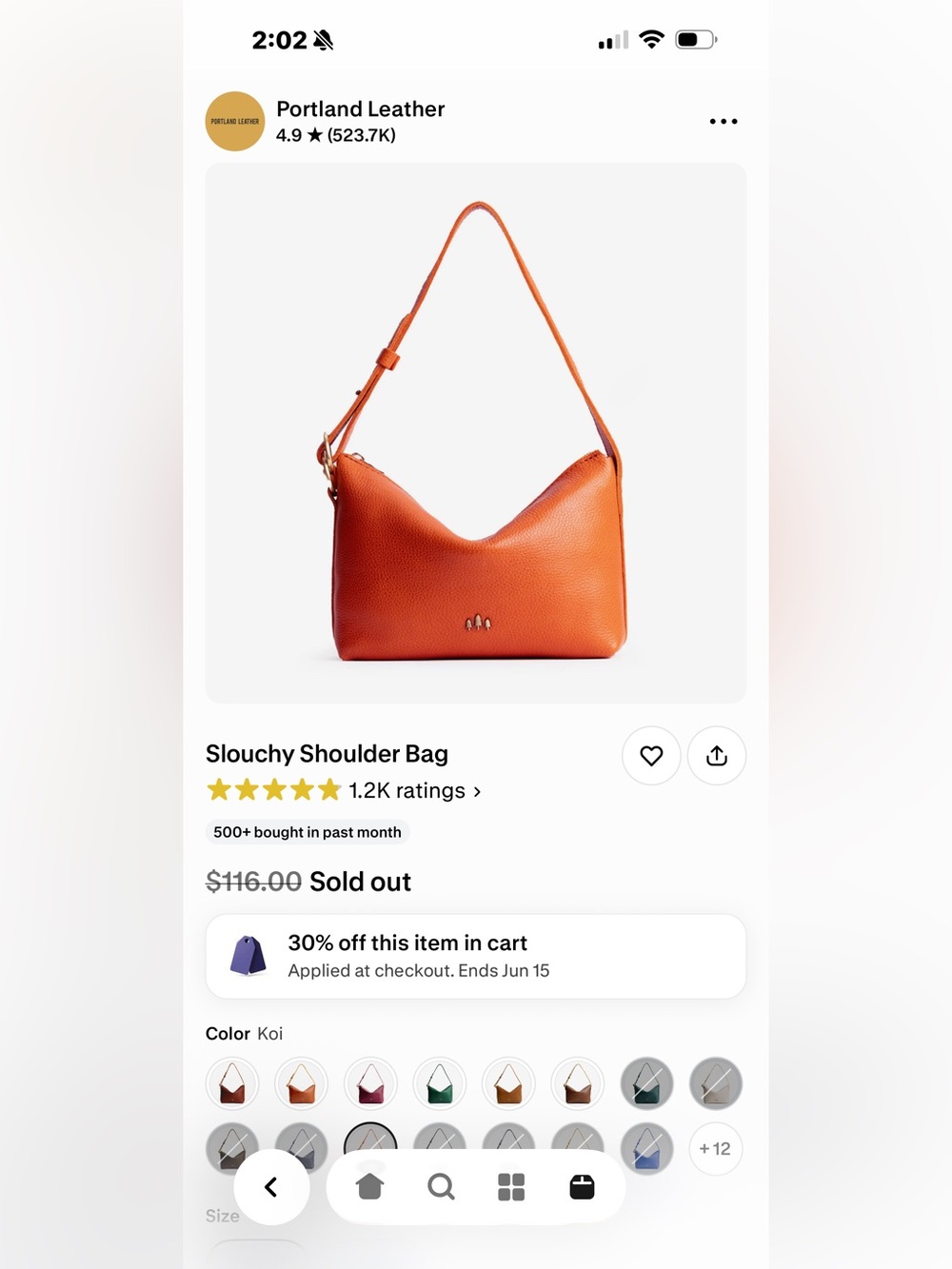 Portland Leather Small Slouchy Shoulder Bag in Koi- SOLD OUT - Picture 3 of 10
